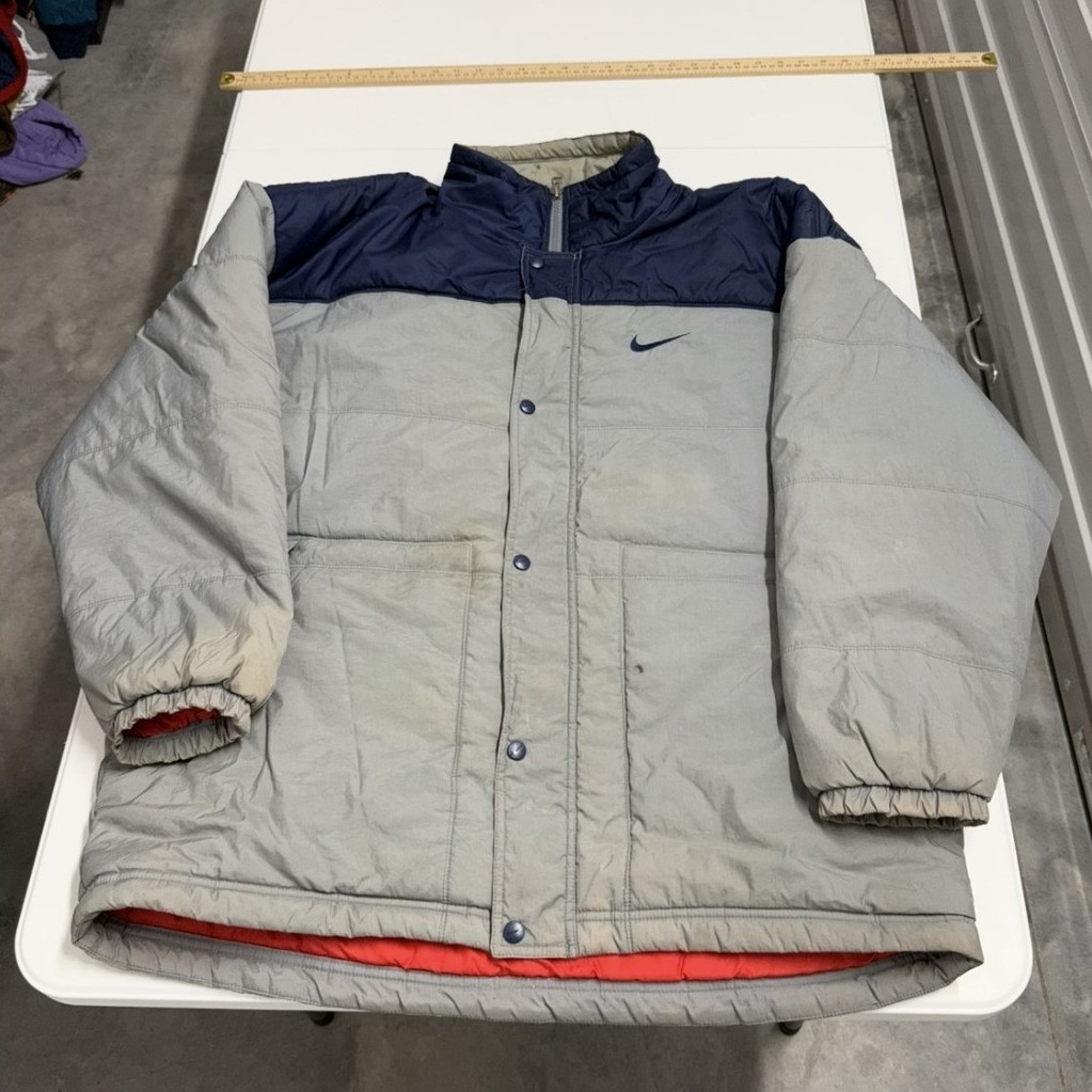 Vintage Nike Puffer Jacket Grey Navy Blue Colorblock Full Zip Mens Xl Coat 90s